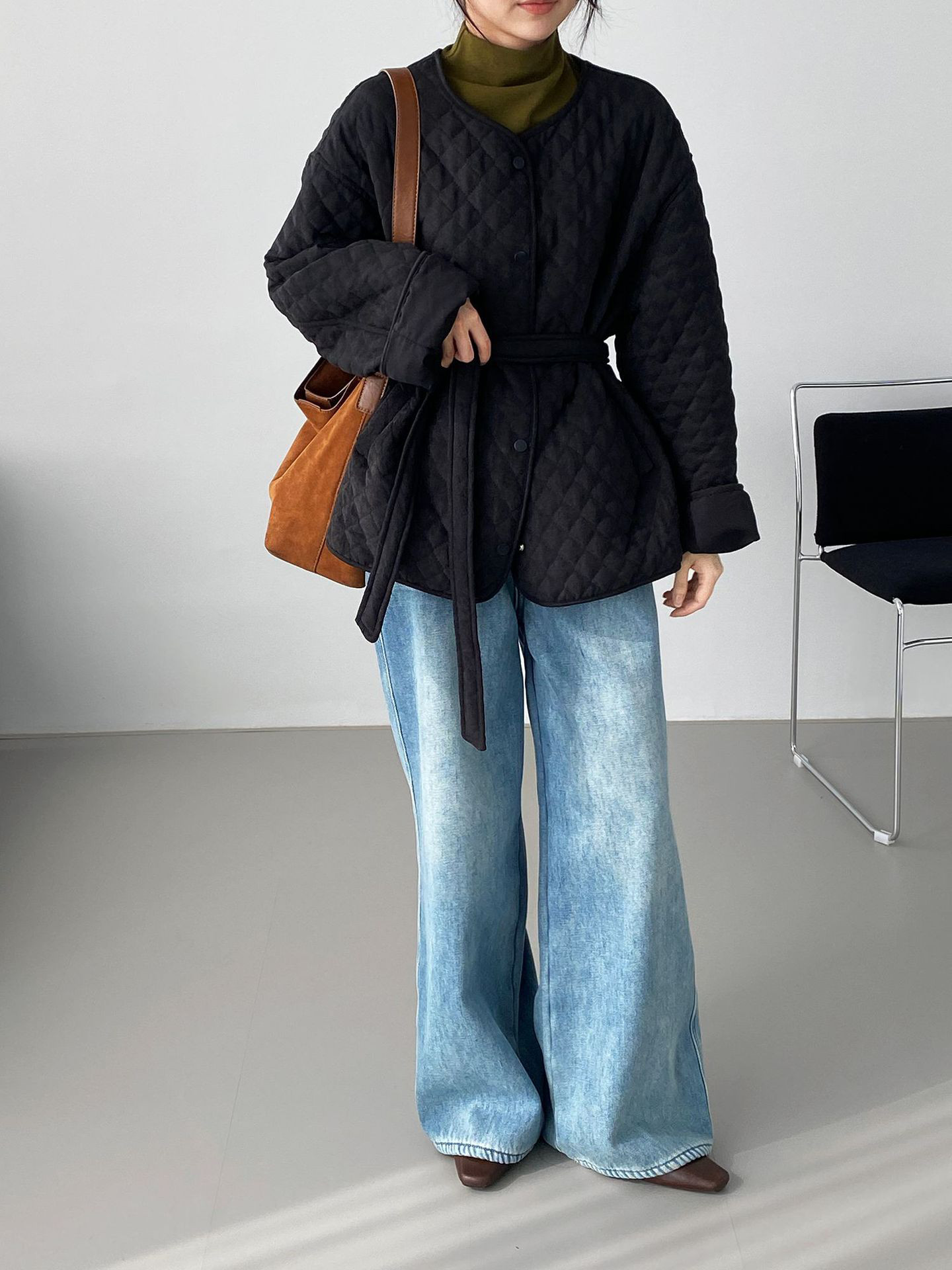 秋冬レディースクルーネック ダイヤ柄 ドローコードウエスト 中綿ジャケット【返品・交換可】品質最優先25-566