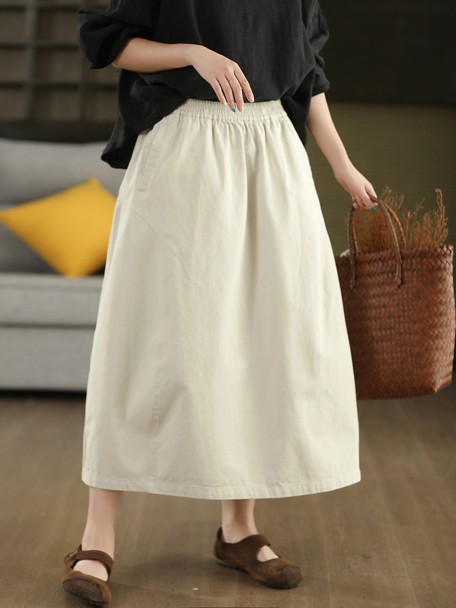 春秋冬復古 100% コットンハーフスカート 女秋スリム文芸バドミントンスカート ゴムウエストルーズロングスカート