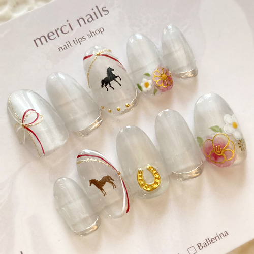 ネイルチップオーダー　フルオーダー　オーダーネイルチップ　つけ爪 新作2026】ワンタッチネイル加工可◎お正月ネイル2026 干支ネイル 馬