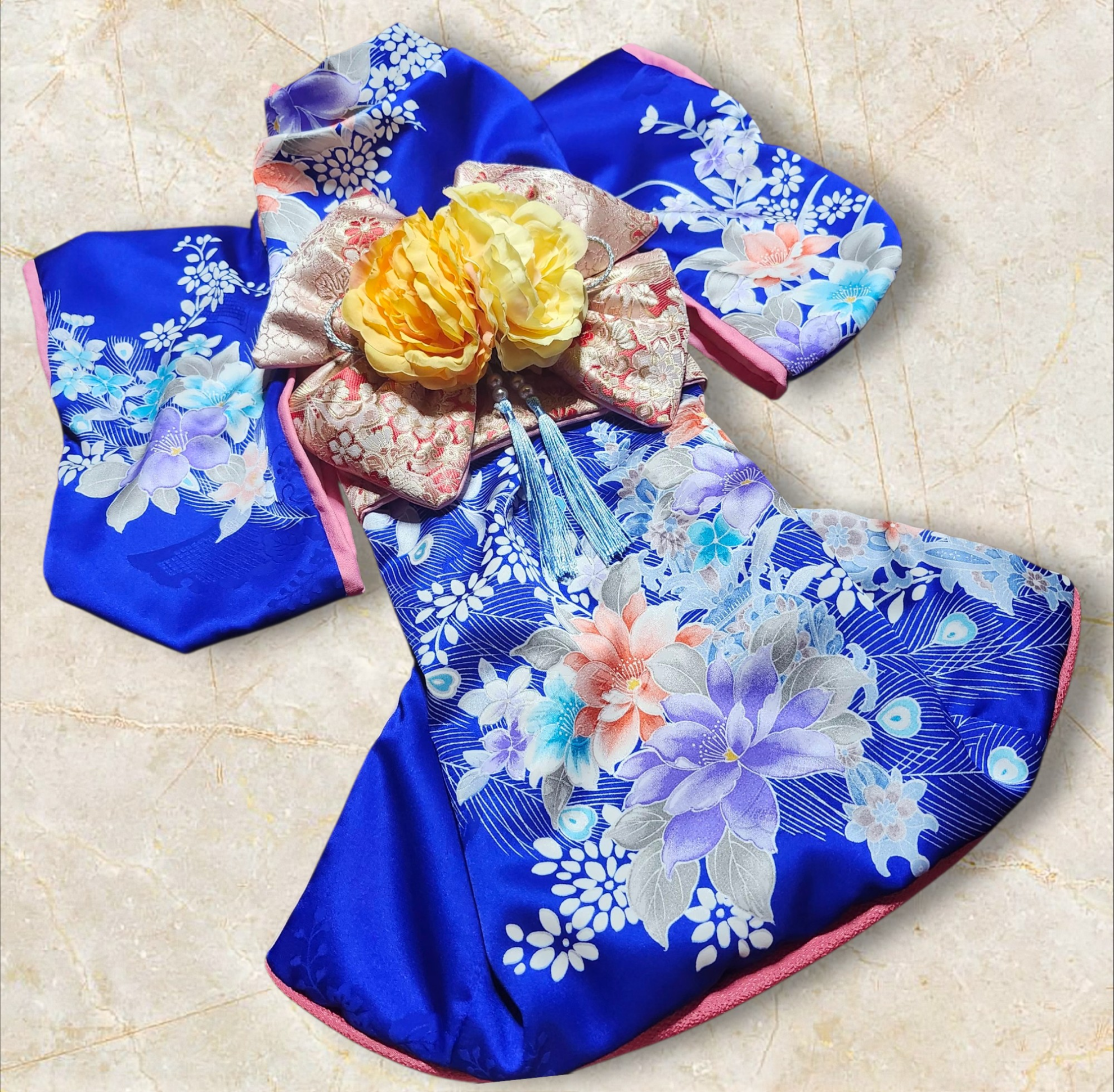 犬服　ブルー　振り袖　着物　引きずり　ハンドメイド