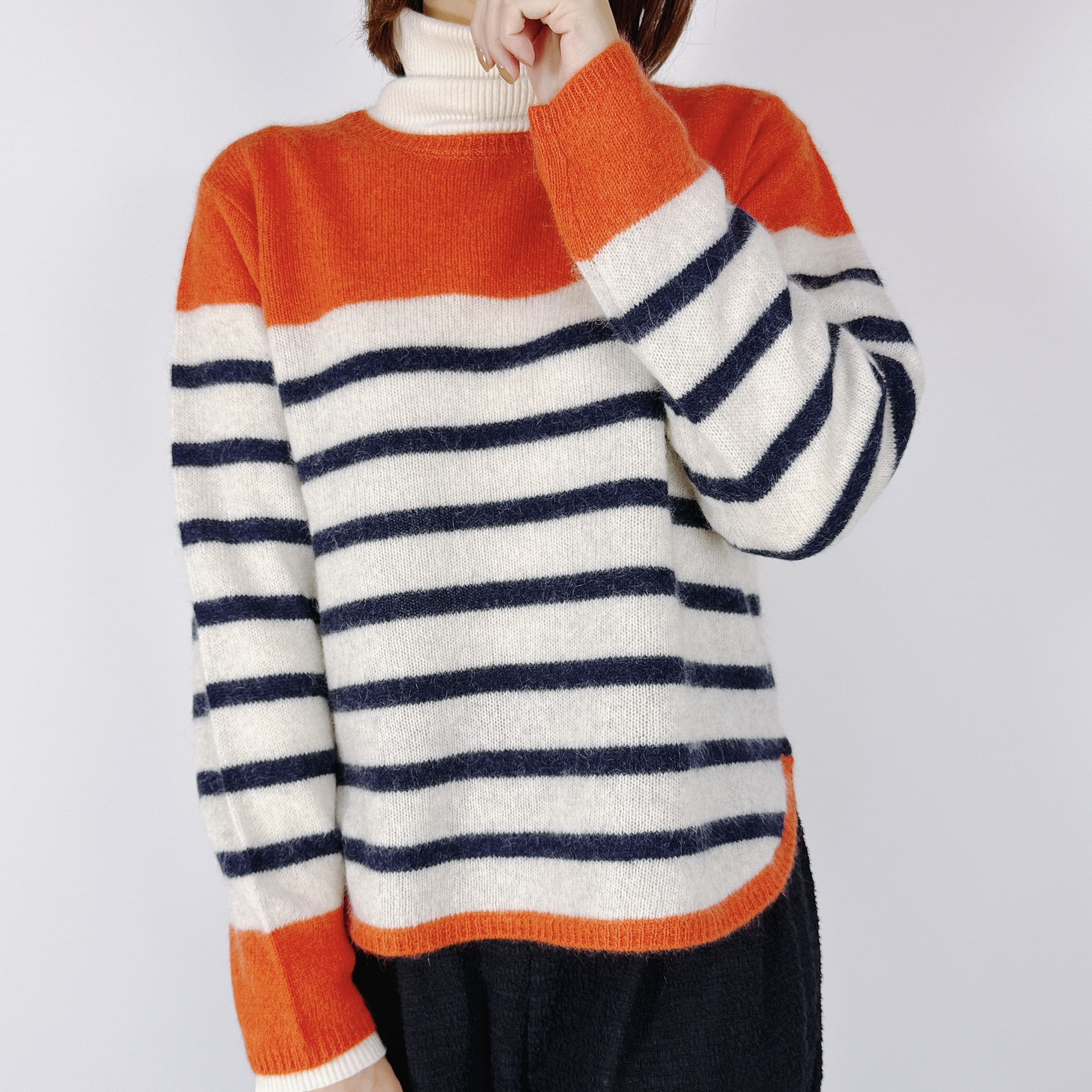 「YAK 100％マリンボーダー」ボートネックプルオーバー