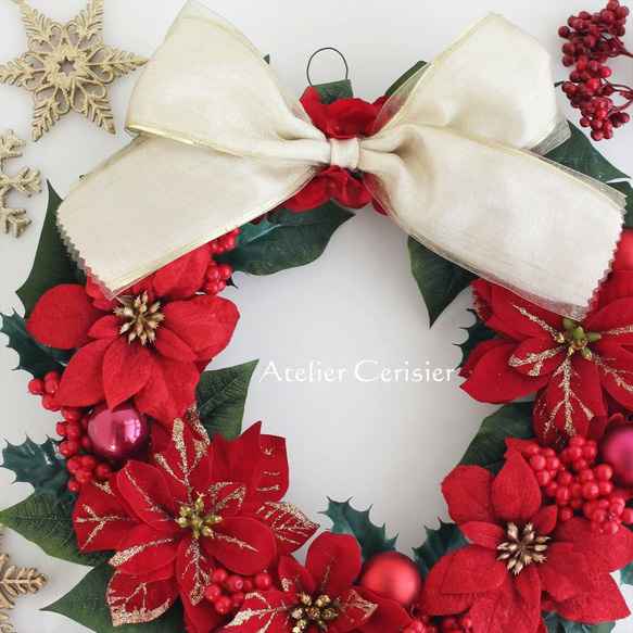 ・☆クリスマスリース＜ポインセチア＞ アーティフィシャルフラワー レッド クリスマス 30センチ 2枚目の画像