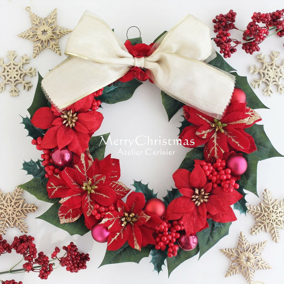 ・☆クリスマスリース＜ポインセチア＞ アーティフィシャルフラワー レッド クリスマス 30センチ 1枚目の画像