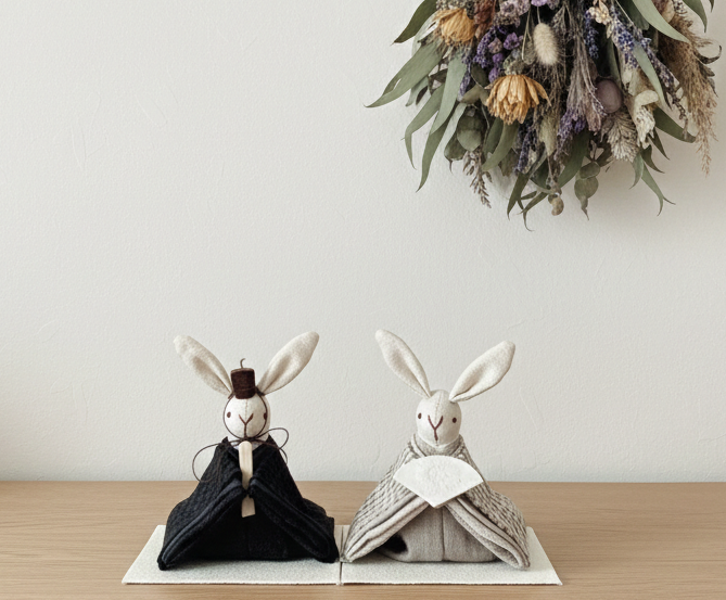 ナチュラルなチェック柄のお着物のうさぎの雛人形 (雛人形、お雛様、おひな様)