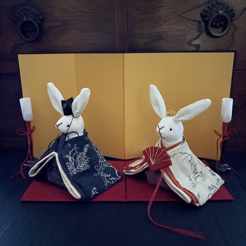 鳥獣戯画柄のお着物のうさぎの雛人形 (雛人形、お雛様、おひな様