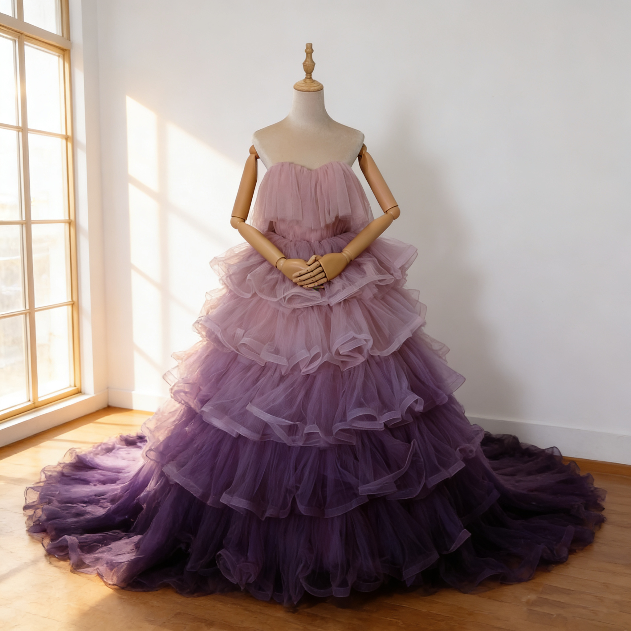 カラードレス  パープル グラデーションドレス  色直し 華やかなトレーンビスチェドレス   結婚式  前撮り