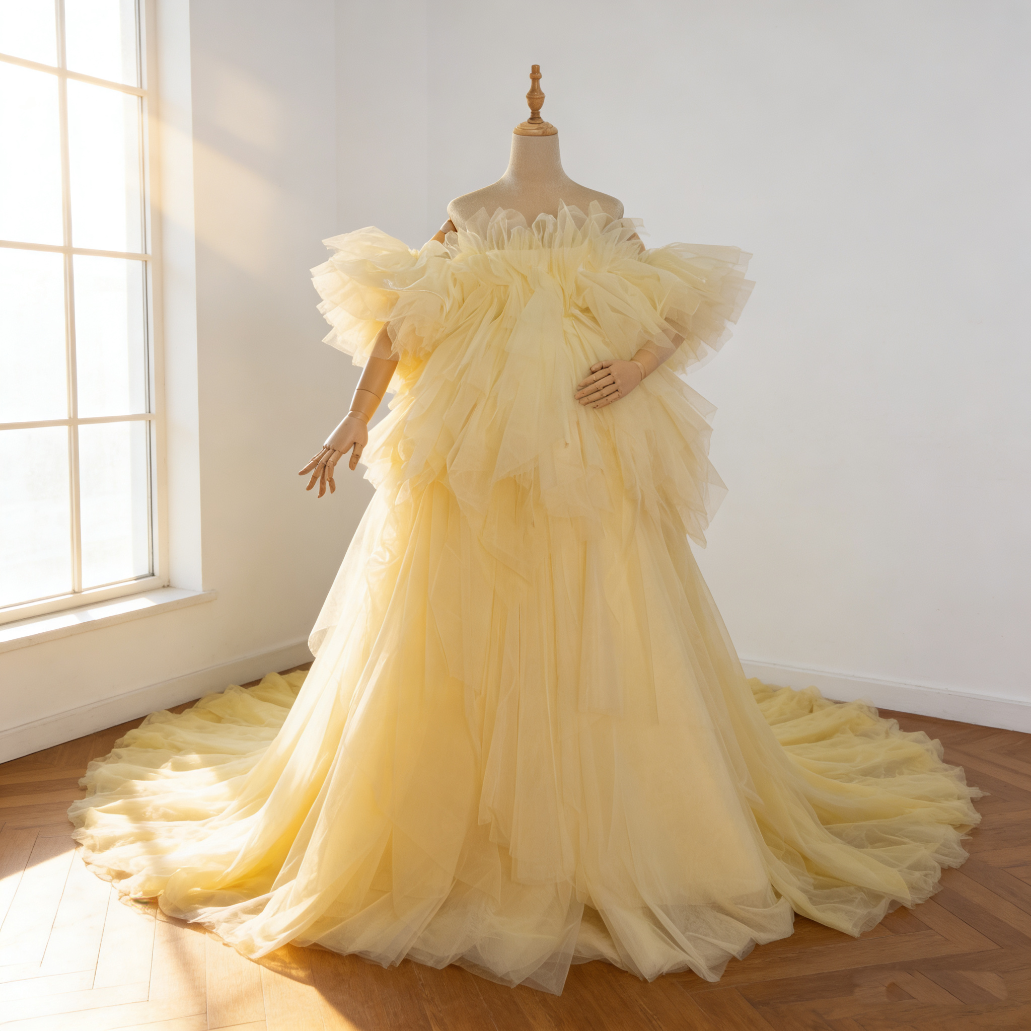 カラードレス パステルイエロー 取り外し可能な付け袖 ソフトチュール 華やかなトレーン 結婚式 前撮り 52,194円