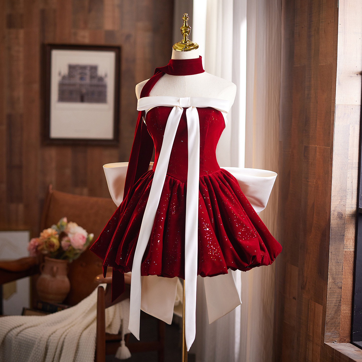 綺麗 ボルドー ベロア リボン パーティードレス ショート丈 クリスマス 誕生日 二次会 前撮り 披露宴 09125