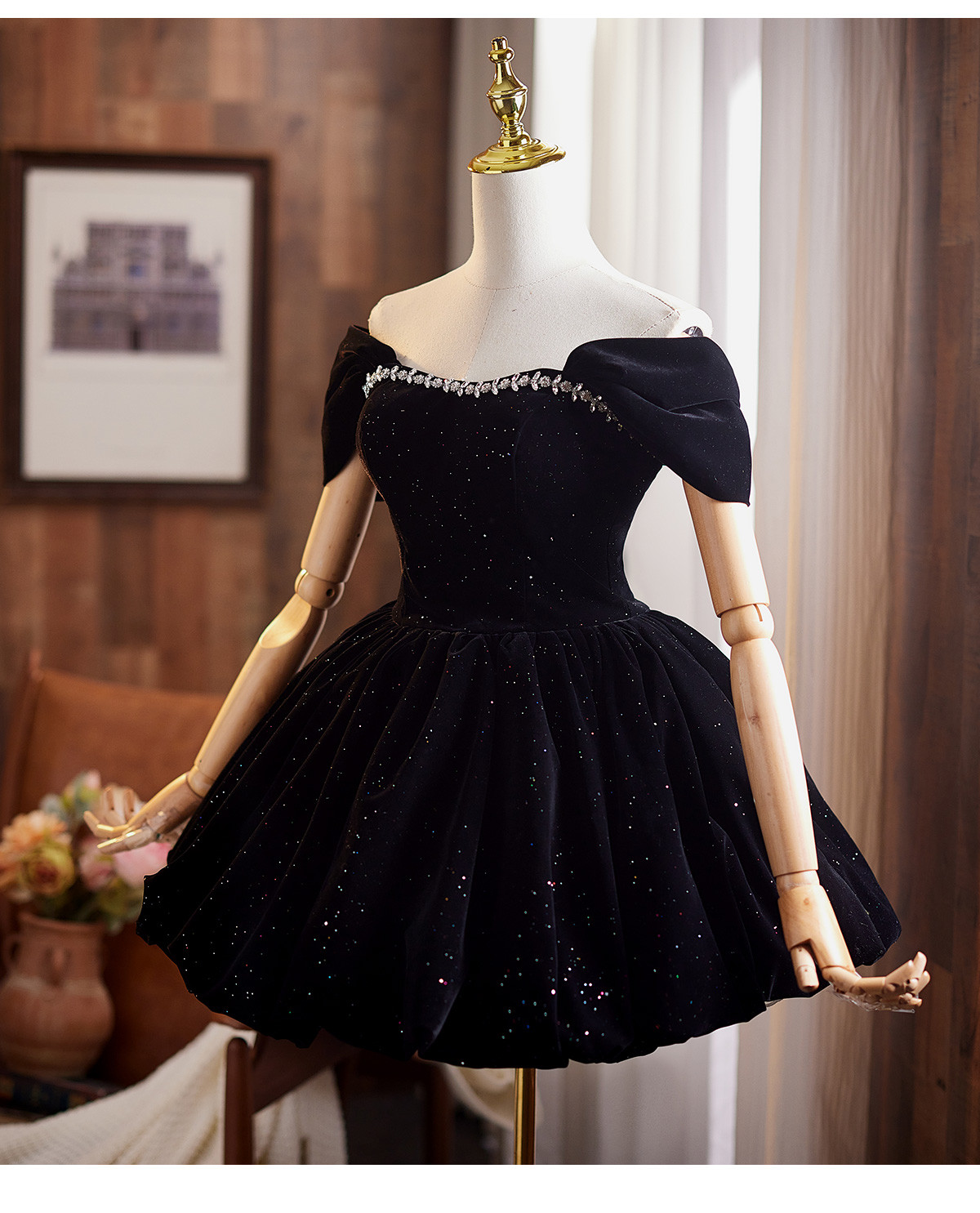 綺麗 黒 ベロア オフショルダー パーティードレス ショート丈 高級感 成人式 誕生日 二次会 前撮り 披露宴 9130