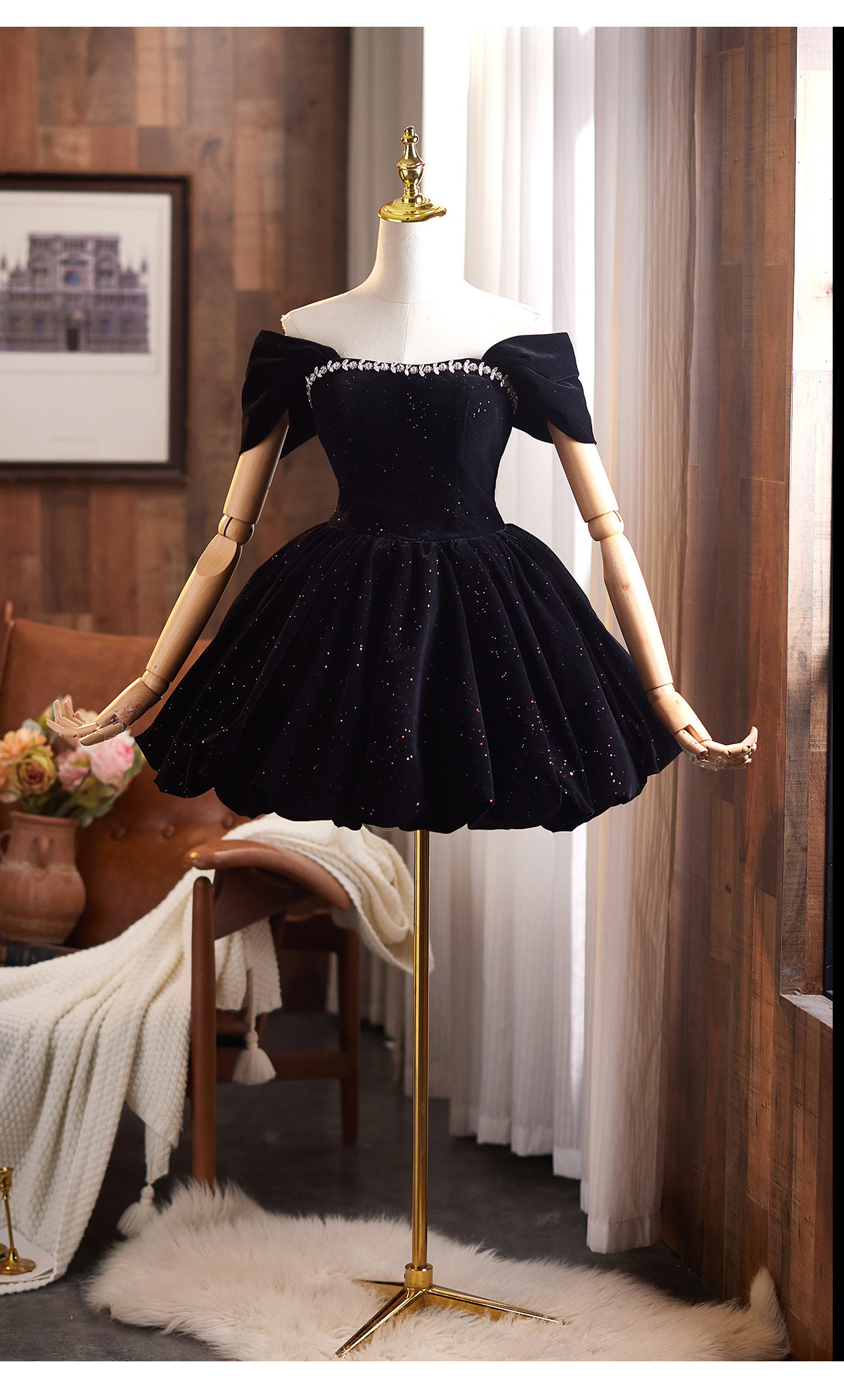 綺麗 黒 ベロア オフショルダー パーティードレス ショート丈 高級感 成人式 誕生日 二次会 前撮り 披露宴 9130