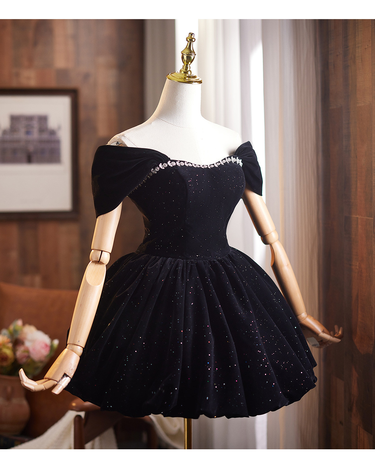 綺麗 黒 ベロア オフショルダー パーティードレス ショート丈 高級感 成人式 誕生日 二次会 前撮り 披露宴 9130