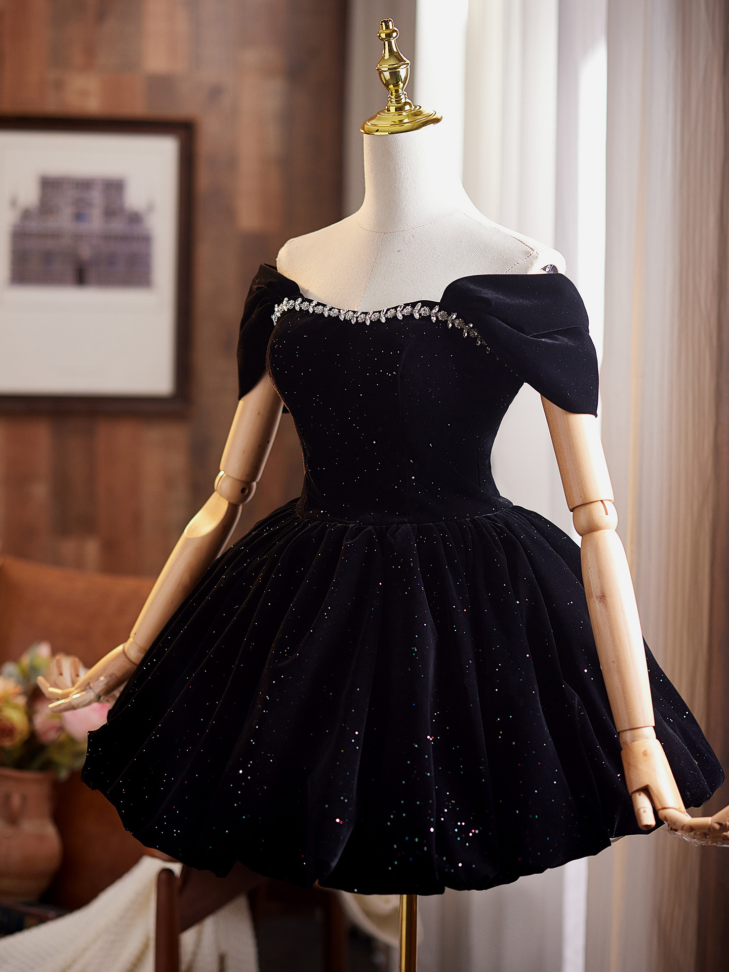 綺麗 黒 ベロア オフショルダー パーティードレス ショート丈 高級感 成人式 誕生日 二次会 前撮り 披露宴 9130