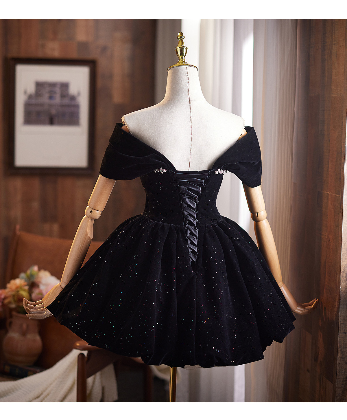 綺麗 黒 ベロア オフショルダー パーティードレス ショート丈 高級感 成人式 誕生日 二次会 前撮り 披露宴 9130