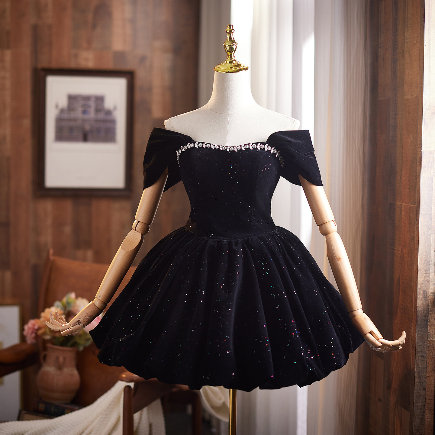 綺麗 黒 ベロア オフショルダー パーティードレス ショート丈 高級感 成人式 誕生日 二次会 前撮り 披露宴 9130