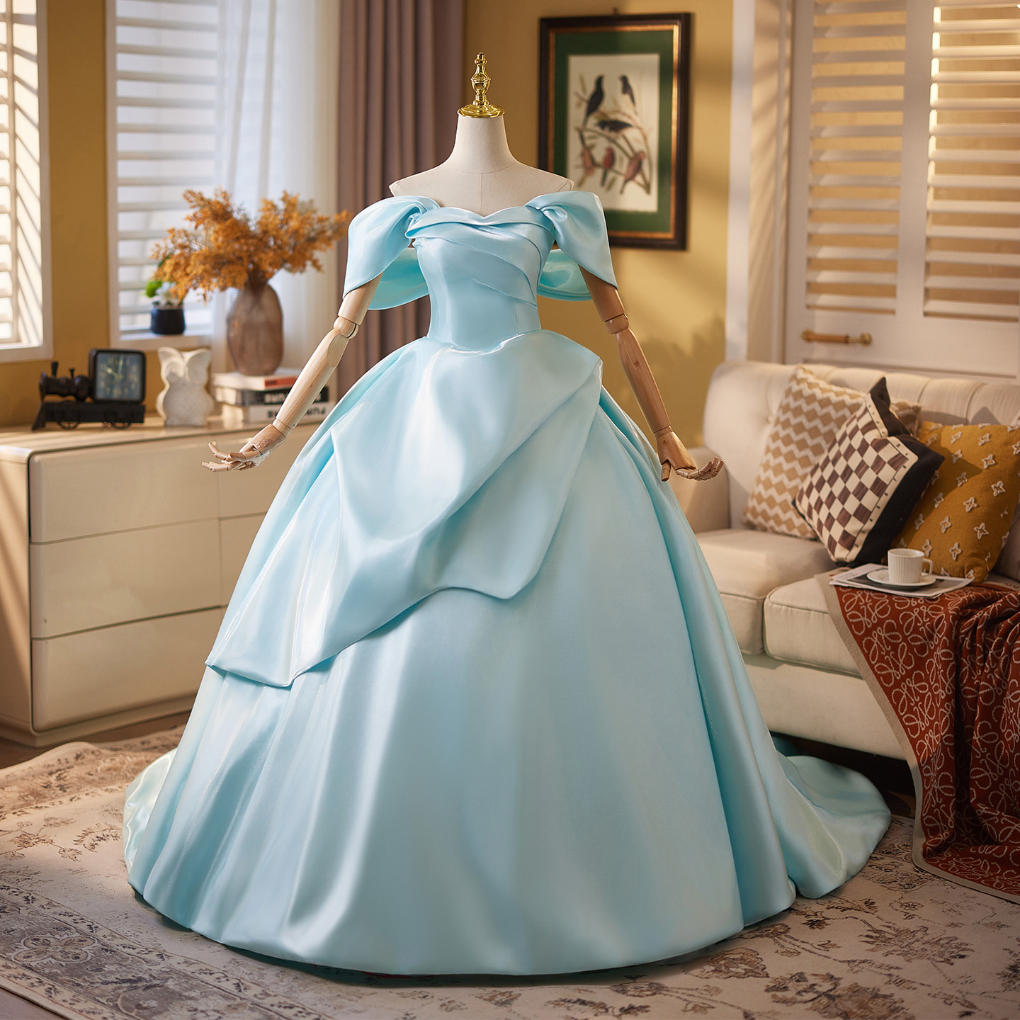 綺麗 青 オフショルダー ふわふわ パーティードレス プリンセス 花嫁 誕生日 成人式 二次会 前撮り 披露宴 9131