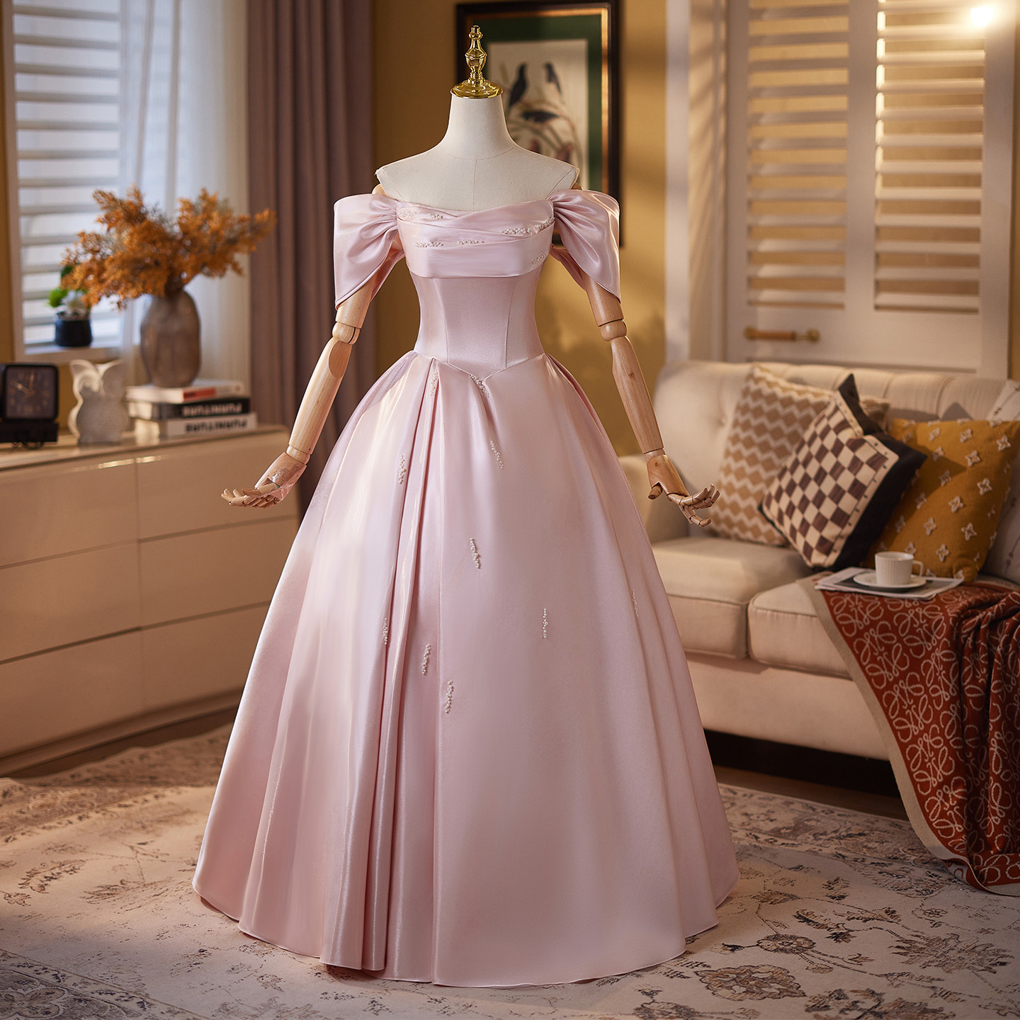 綺麗 ピンク オフショルダー パーティードレス プリンセス 花嫁 誕生日 成人式 二次会 前撮り 披露宴 09132