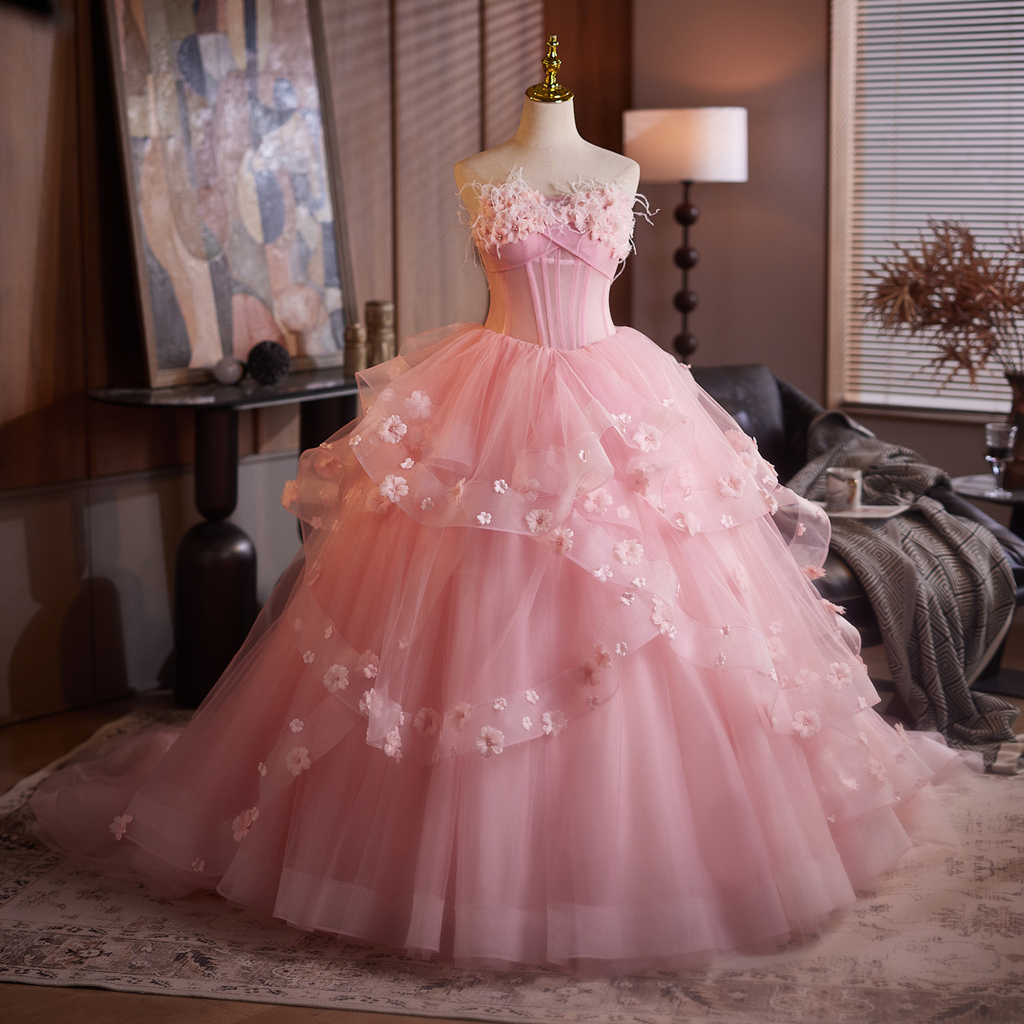 綺麗 ピンク ふわふわ 花 パーティードレス 裾引き プリンセス 花嫁 誕生日 成人式 二次会 前撮り 披露宴 9137