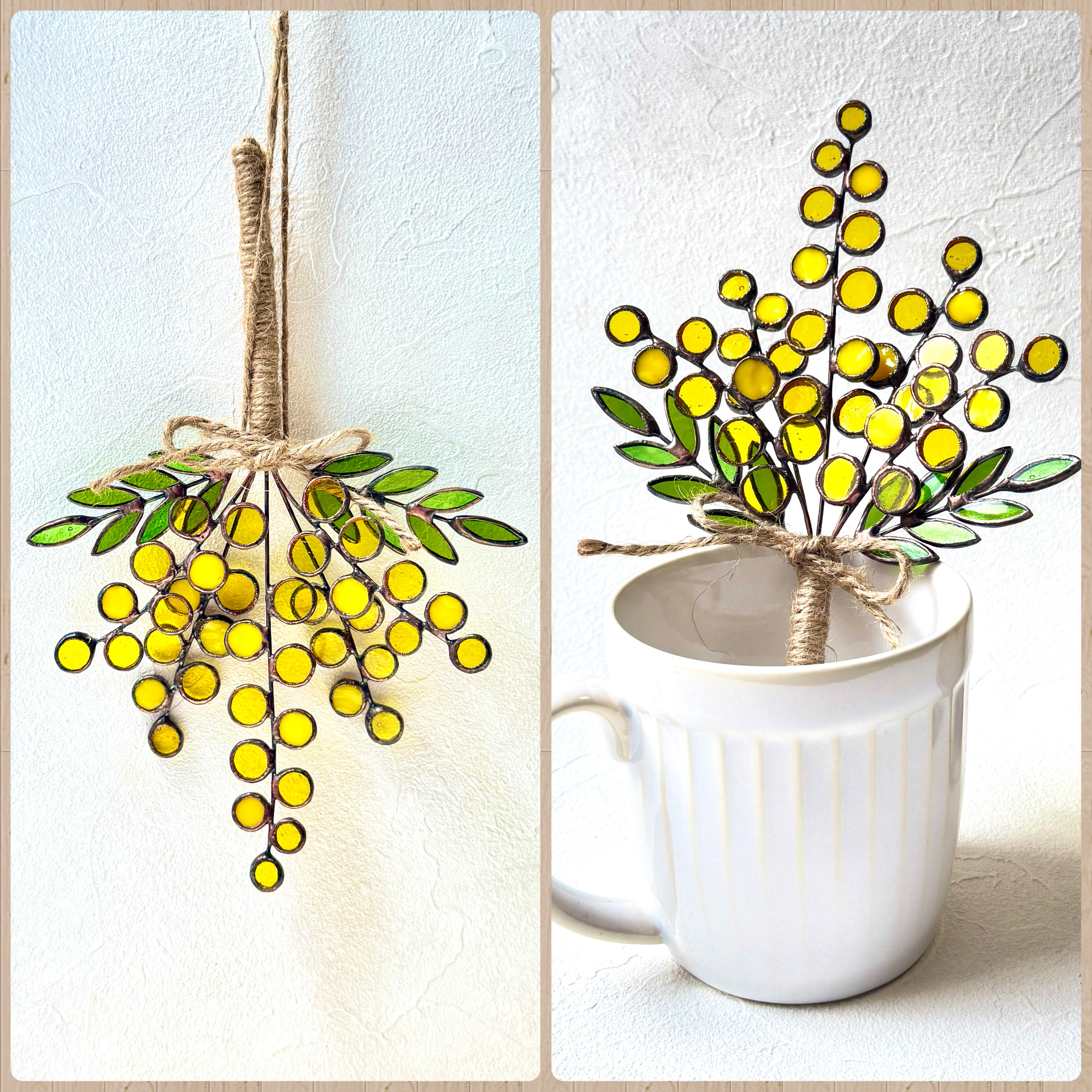 窓辺に飾る小さな春、ステンドグラスのミモザブーケ、ミモザのスワッグ（大）