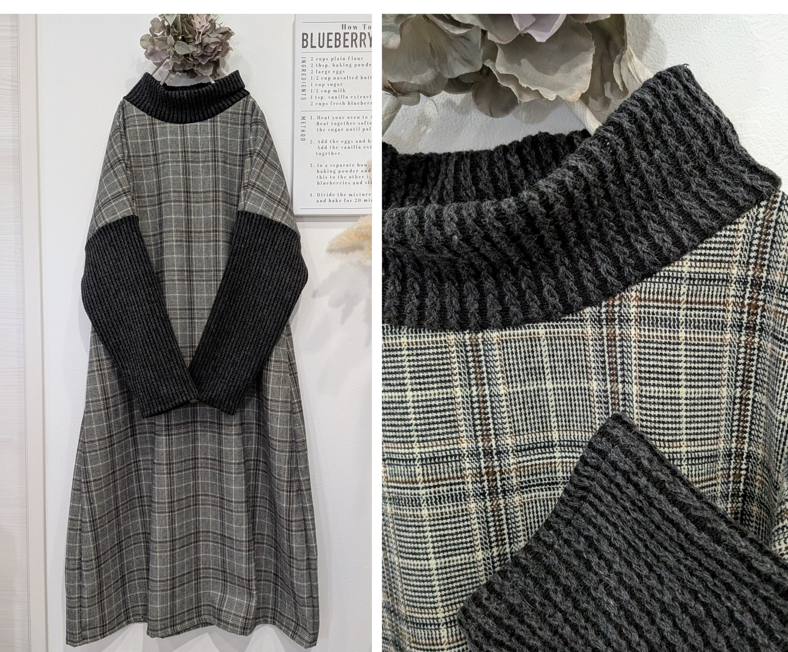 ♥起毛グレンチェック♥ハイネックワンピ♥チャコールグレー冬　秋