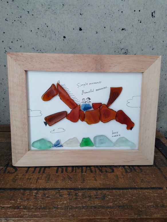 シーグラスアート　（大）馬　午年　太陽　初日の出　正月　壁掛け　コラージュ　イラスト　アート 5枚目の画像