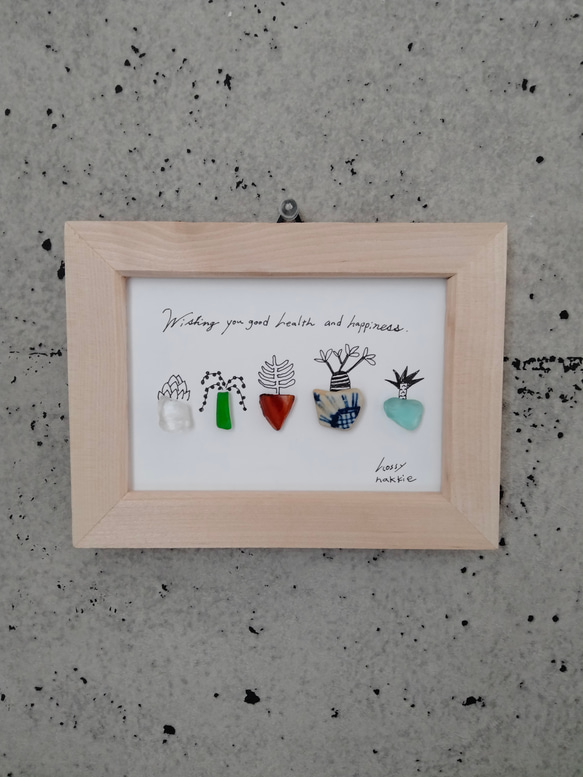 シーグラスアート　多肉植物　観葉植物　グリーン　癒し　線画　壁掛け　コラージュ　イラスト　アート 6枚目の画像