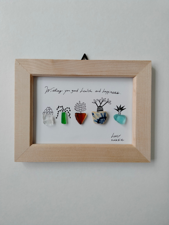 シーグラスアート　多肉植物　観葉植物　グリーン　癒し　線画　壁掛け　コラージュ　イラスト　アート 3枚目の画像