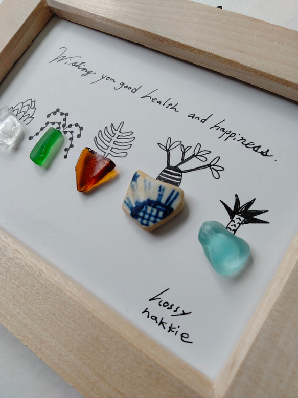 シーグラスアート　多肉植物　観葉植物　グリーン　癒し　線画　壁掛け　コラージュ　イラスト　アート 2枚目の画像