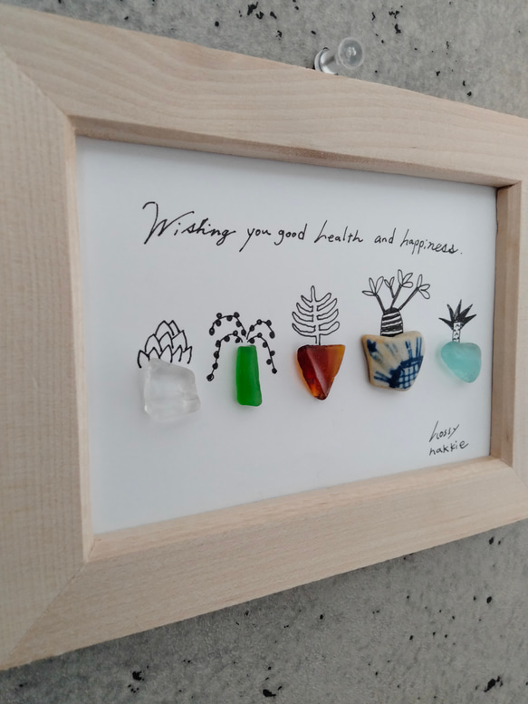 シーグラスアート　多肉植物　観葉植物　グリーン　癒し　線画　壁掛け　コラージュ　イラスト　アート 5枚目の画像