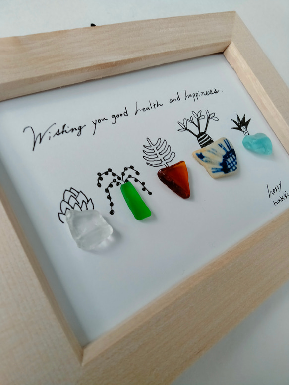 シーグラスアート　多肉植物　観葉植物　グリーン　癒し　線画　壁掛け　コラージュ　イラスト　アート 1枚目の画像