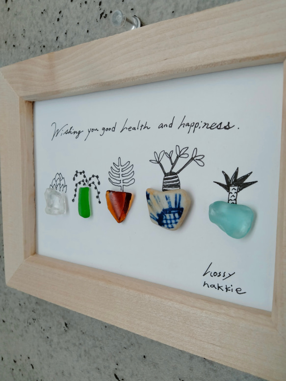 シーグラスアート　多肉植物　観葉植物　グリーン　癒し　線画　壁掛け　コラージュ　イラスト　アート 4枚目の画像