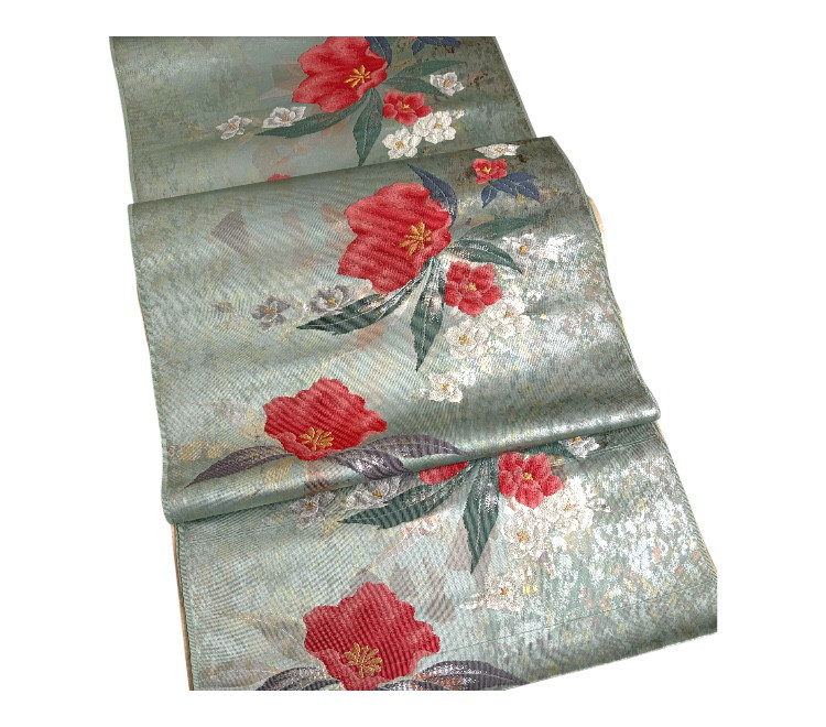 処分価格！アンティーク　正絹　九寸名古屋帯　反物　未仕立て　引箔　ペパーミントグリーン　花柄　お仕立て可