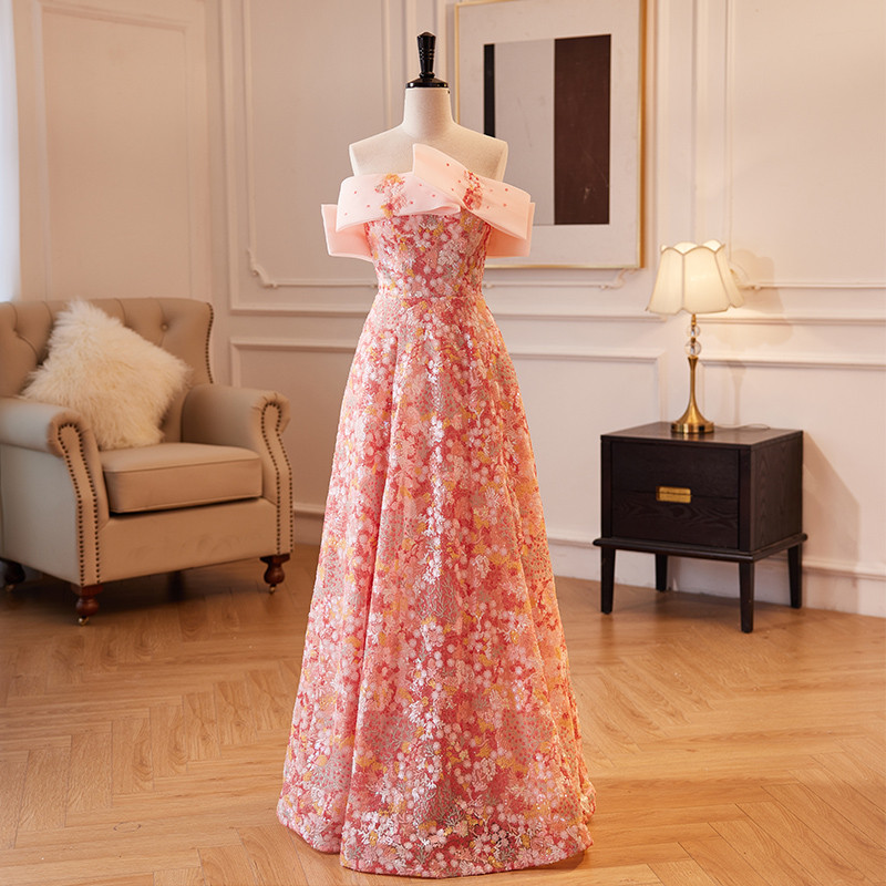 綺麗 ピンク オフショルダー 花 パーティードレス 結婚式 花嫁 誕生日 成人式 二次会 前撮り 披露宴 08479