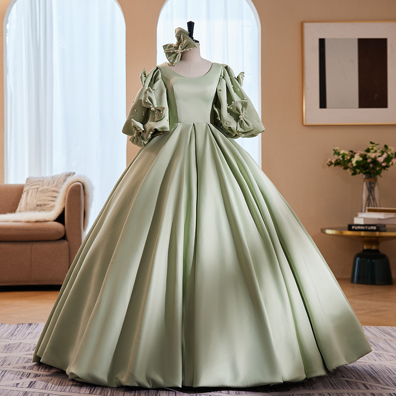 綺麗 薄緑 特大スリーブ リボン パーティードレス プリンセス 花嫁 誕生日 成人式 二次会 前撮り 披露宴 08457