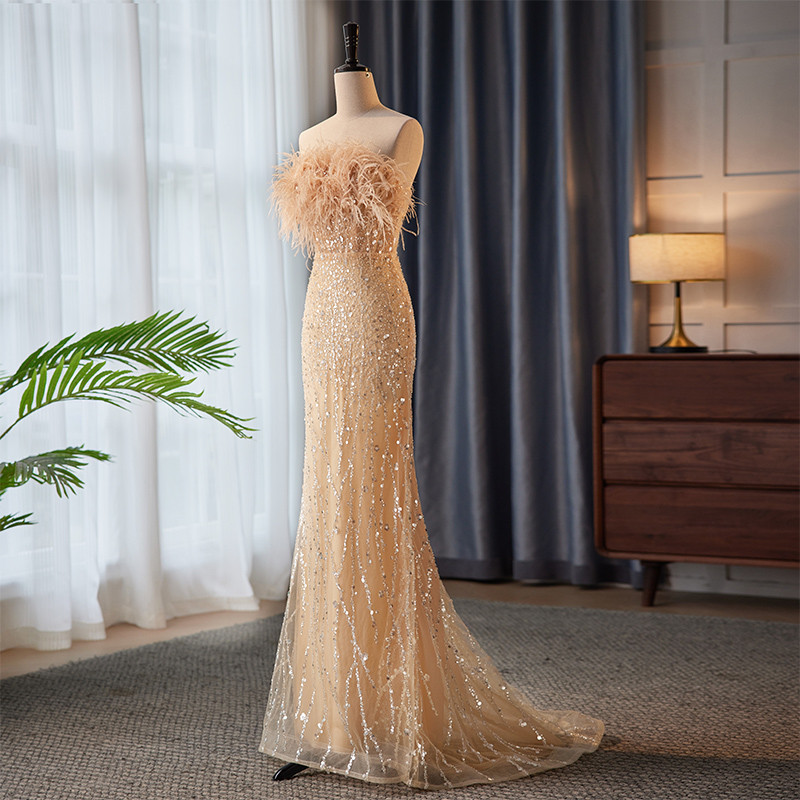 綺麗 シャンパン色 オフショルダー スパンコール マーメイドドレス パーティー 花嫁 誕生日 二次会 前撮り 08448