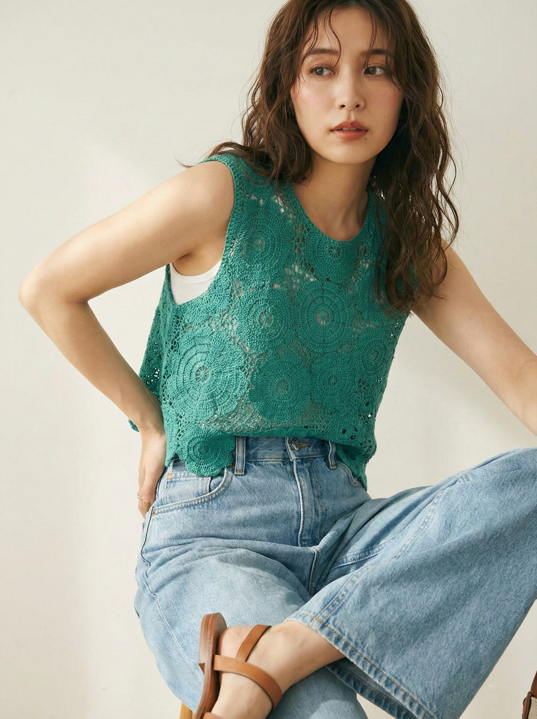 【新作】かぎ編み風 綿混 花柄 スカラップレース ノースリーブ トップス