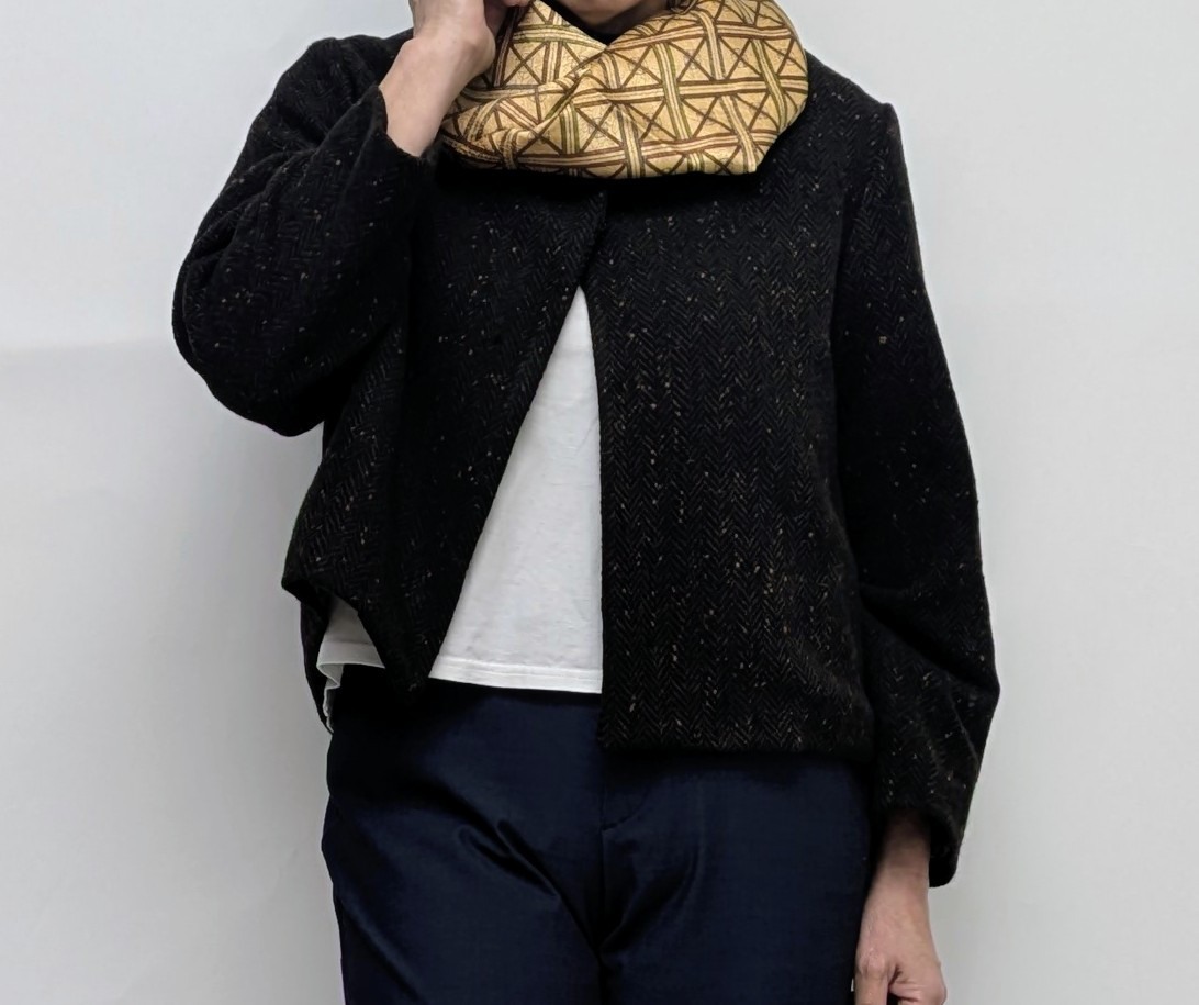 【sale】着物リメイク ショートジャケット ウールの洋服生地×小紋 スヌード付き