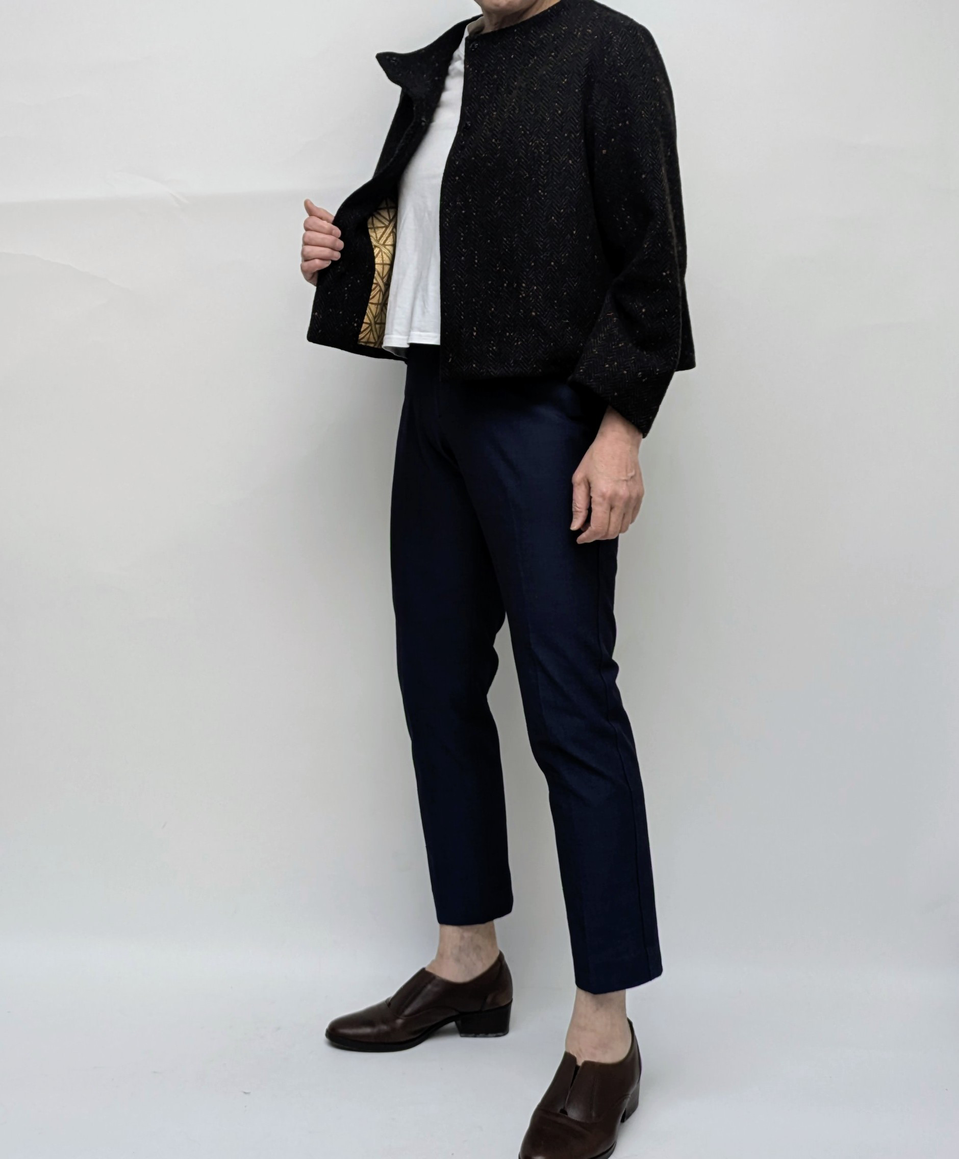 【sale】着物リメイク ショートジャケット ウールの洋服生地×小紋 スヌード付き