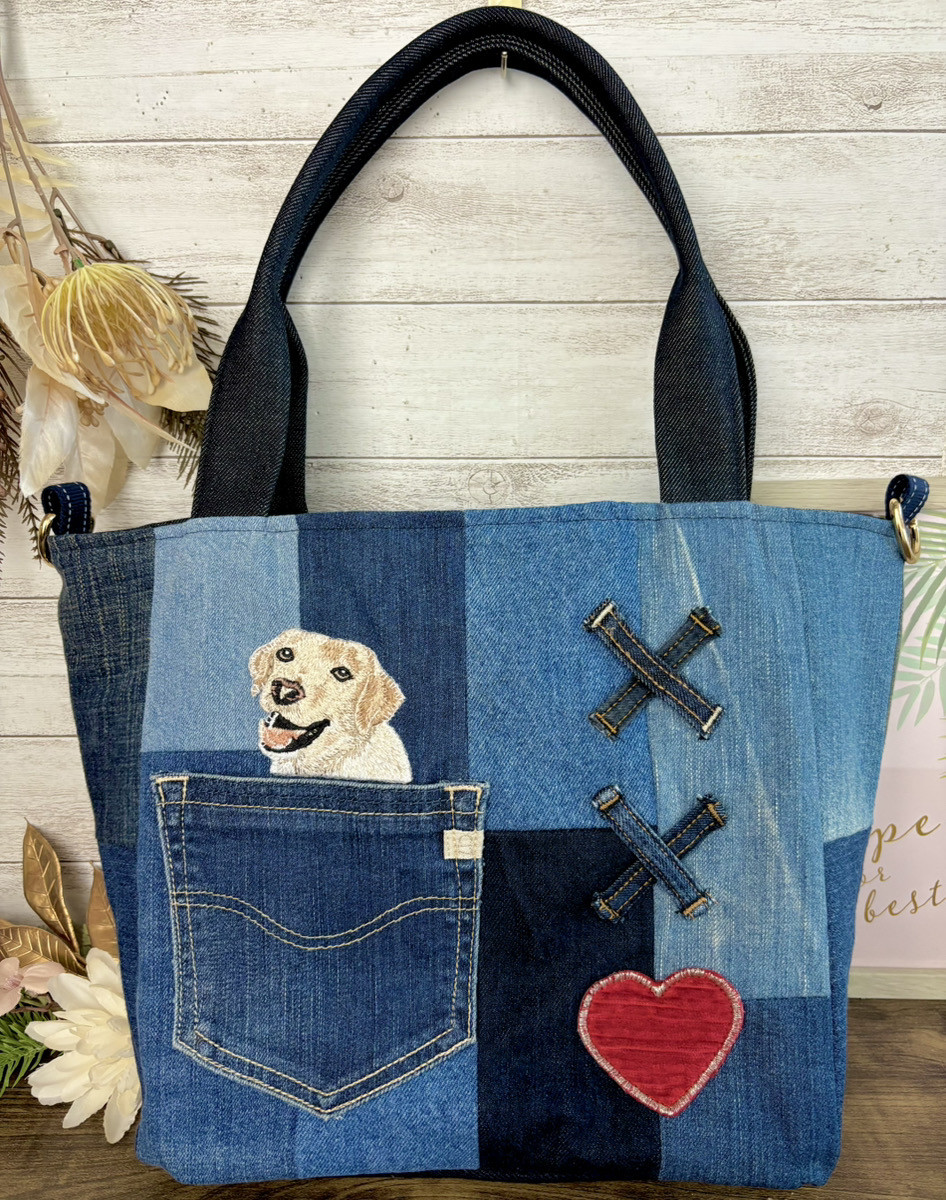 【Mサイズ】 デニムトートバッグ ゴールデンレトリバー×ジーンズ