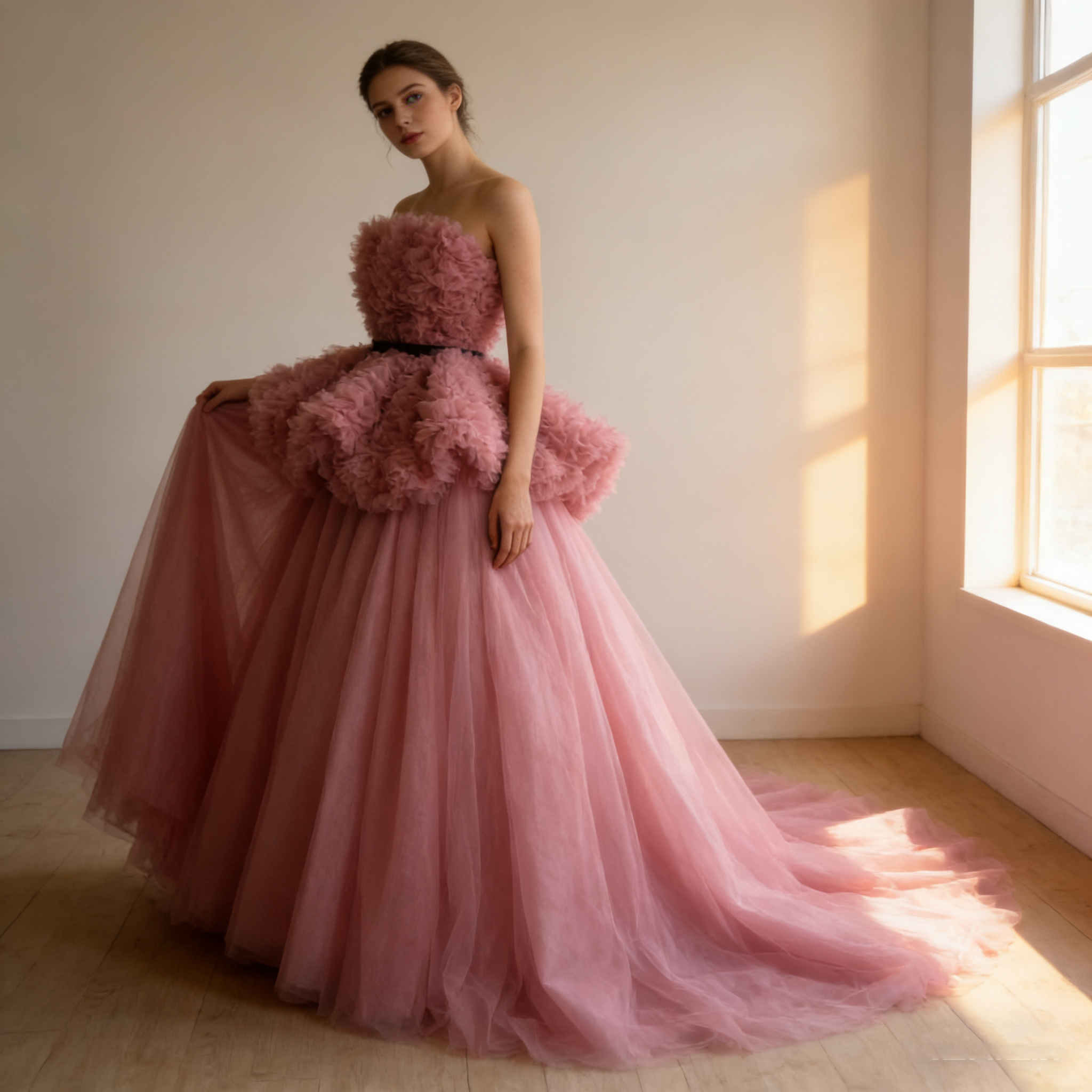 送料無料！カラードレス ピンク ラッフルフリル フリルドレス 柔らかく重ねたチュールスカート ブライダル 編み上げ