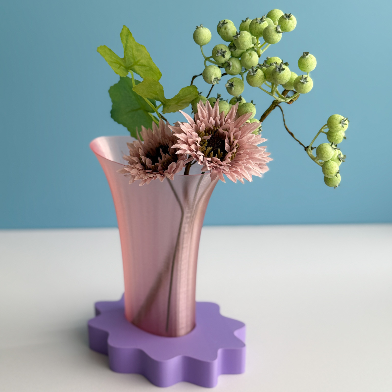 Flare Vase/ Wavy Plate｜フラワーベース（カラー:ピンク）と選べるプレートのセット