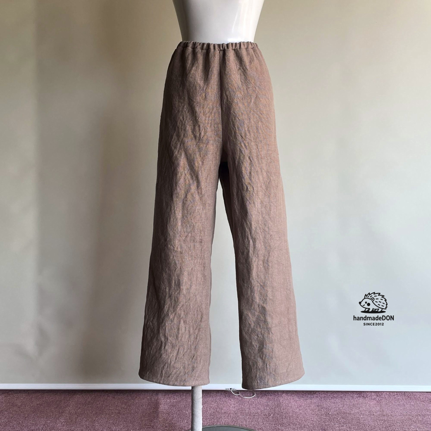 厚手リネン【ドンゴロス】イージーパンツ　ストレート・ロング◆ カフェラテ◆M・Ｌ・LL◆（リネン100％、6番手）