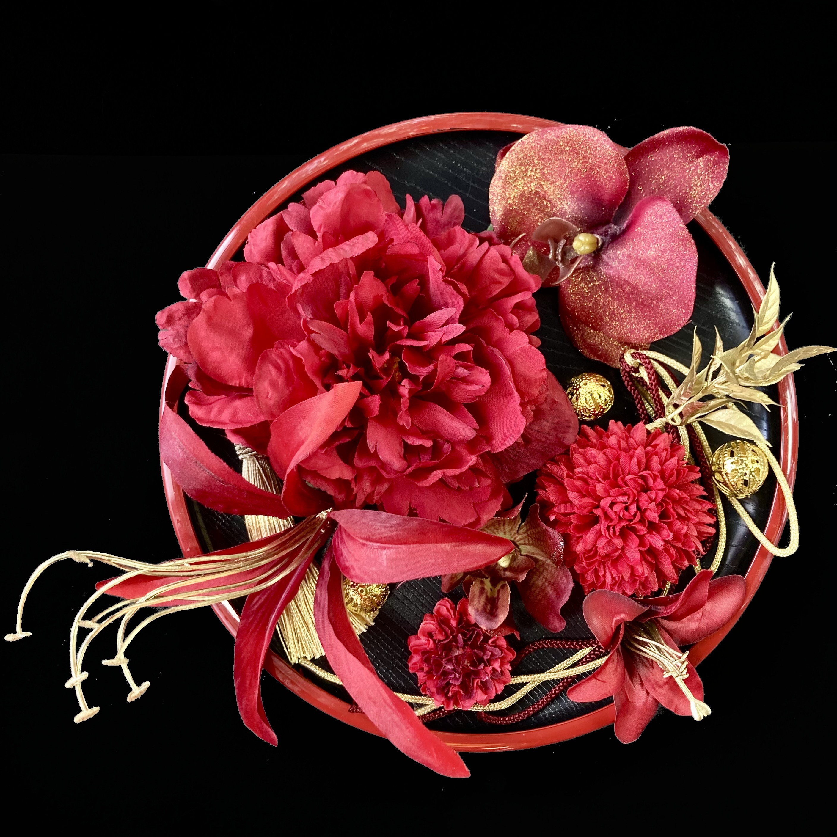 赤と金　胡蝶蘭 百合　カサブランカ　E　髪飾り  　選べる タッセル 結婚式 着物 成人式