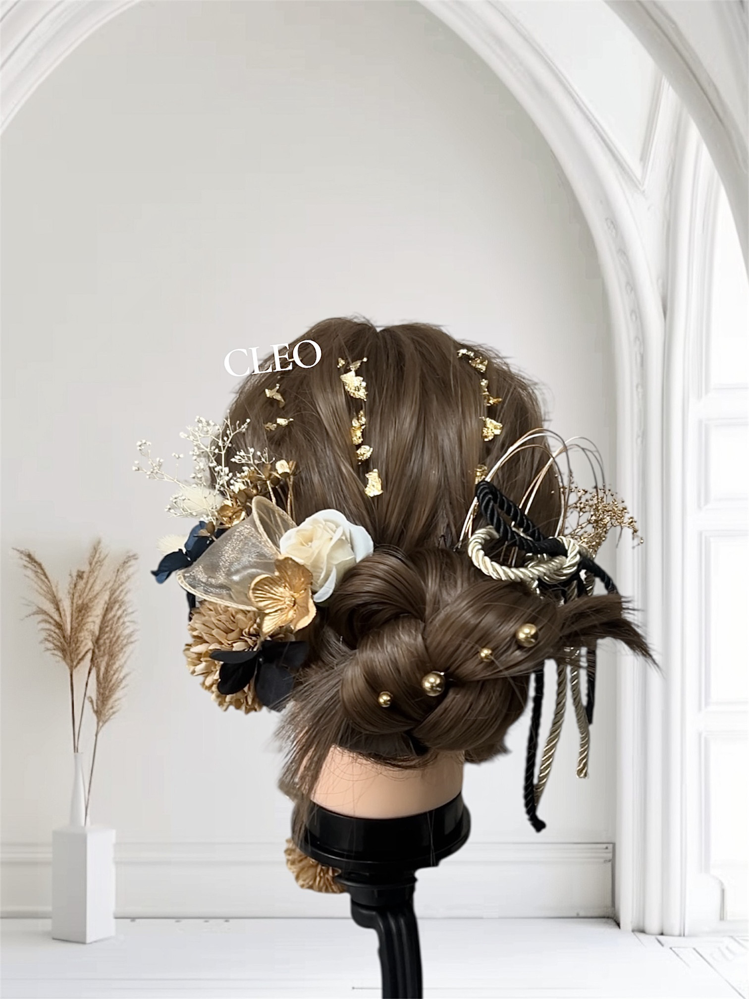 髪飾り　ベージュ　紺色　成人式　ヘアアレンジ　カチモリヘア　水引　振袖　袴　着物　結婚式　和装　洋装　ヘッドドレス