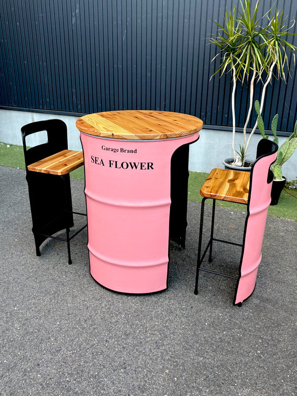 受注生産！製作7日！ドラム缶remakeテーブル＆チェア‼️ ドラム缶リメイクテーブル＆inチェア セット 机・デスク SEA FLOWER