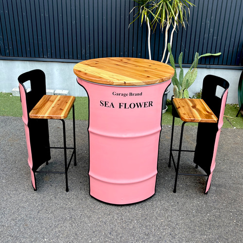ドラム缶リメイクテーブルセット　無垢材仕様 ドラム缶リメイクテーブル＆inチェア セット 机・デスク SEA FLOWER
