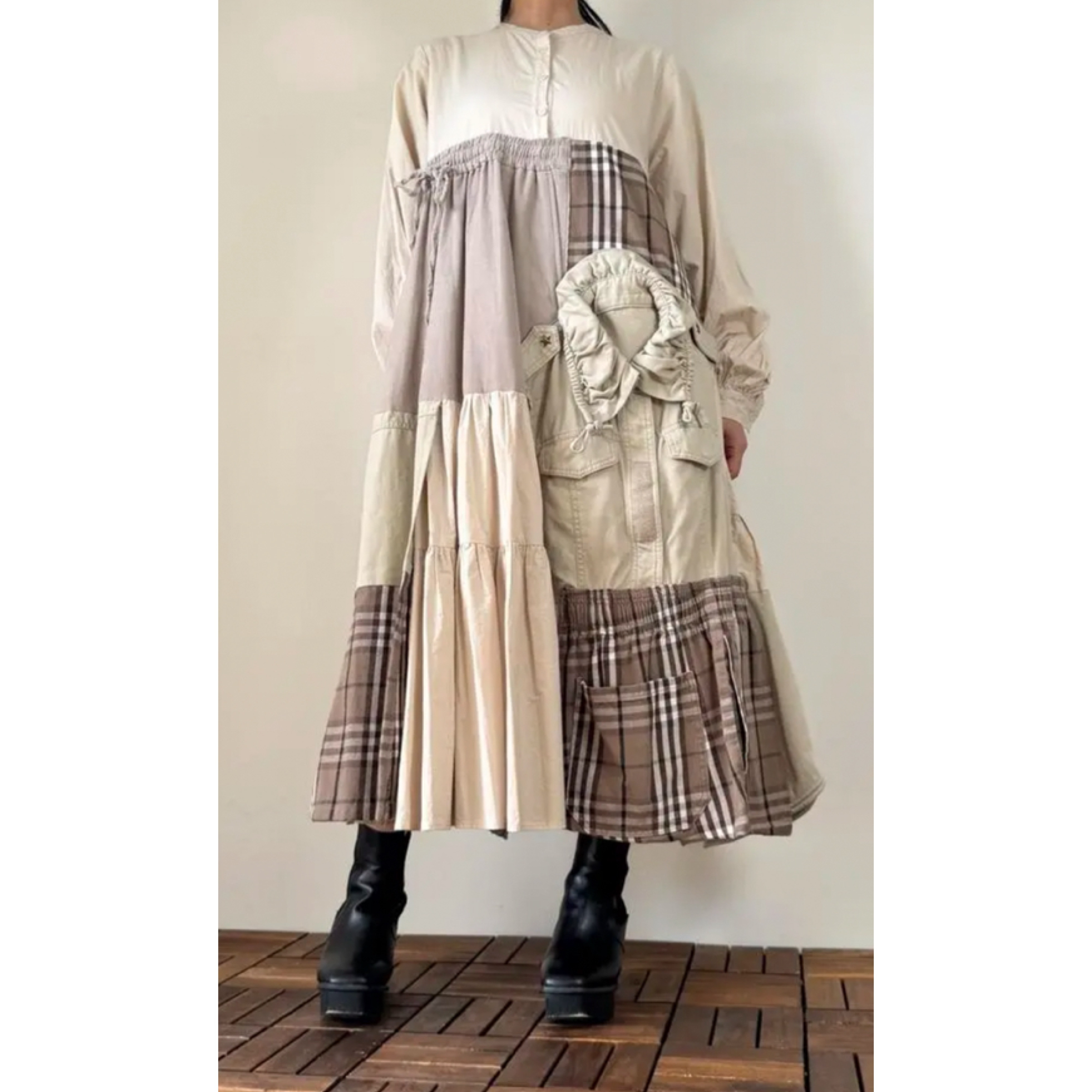 No.010 used古着リメイクチェック柄個性的な長袖ワンピース 秋冬