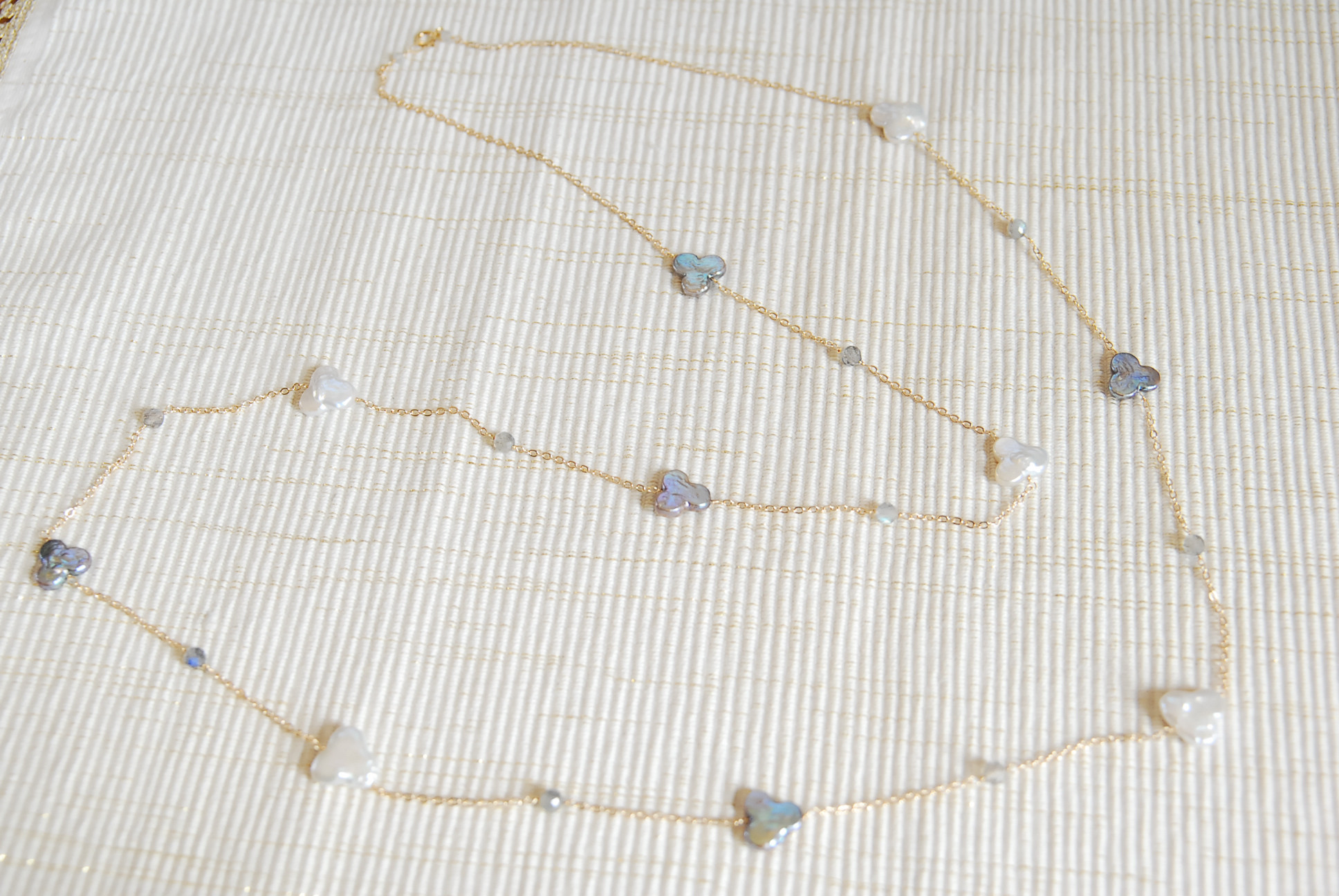 ２種のミツバパールとラブラドライトのネックレス　１４kgf