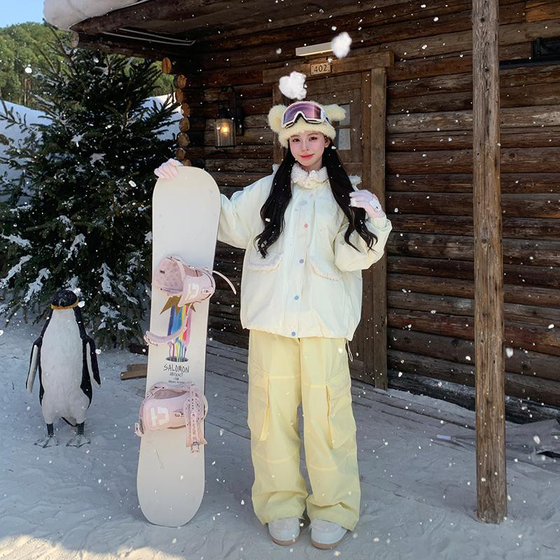 限定セール スノボウェア 上下セット クリーム 黄色 3L メンズ レディース ジャケット パンツ SK037