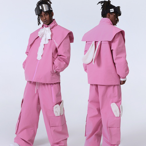 43DEGREES Mサイズ ピンク ジャケット パンツ 上下セット 25-26 スノボウェア 上下セット 兎耳 可愛い 撥水 3L メンズ