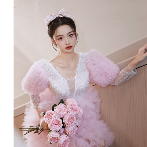 綺麗 ピンク 長袖 パーティードレス プリンセス 優雅 結婚式 花嫁 誕生